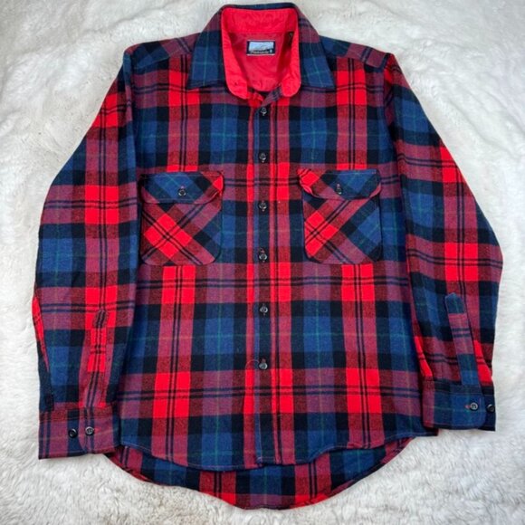 Vintage 80s Fieldmaster Wool Blend Flannel Shirt Men's Medium Blue Red Plaid - Picture 1 of 6